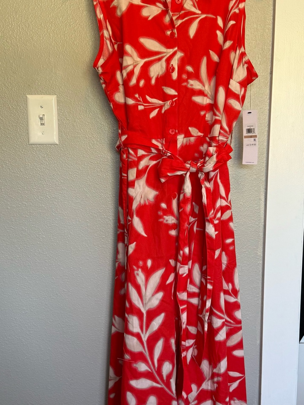 Calvin Klein NWT Red & White Floral Belted Shirt Midi Dress Size 12 100% Cotton